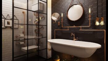 רעיונות לעיצוב חדרי רחצה שיק תעשייתי לחלל טרנדי