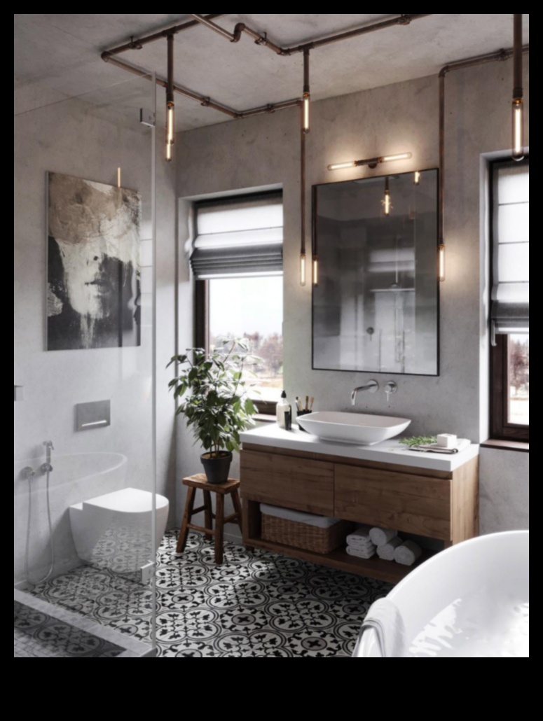 רעיונות לעיצוב חדרי רחצה שיק תעשייתי לחלל טרנדי
